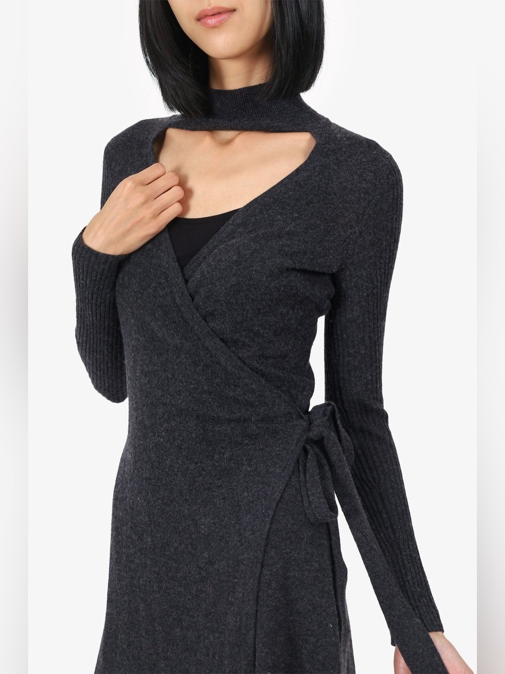 Diane Von Furstenberg Cashmere and Wool Charcoal Wrap Knit Long Sleeve Dress XS - Picture 8 of 11